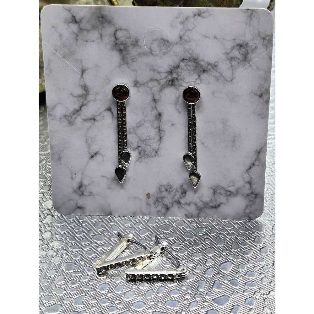 "5/$25" Set Of 2 Silvetone Edgy Fashion Earrings Dangle Post/Rhineston Hoops